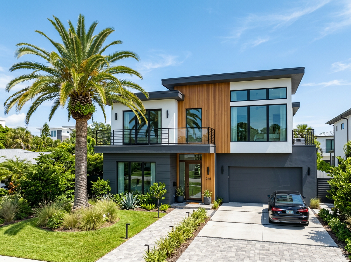 Fachada de la casa modelo Miami de dos niveles con acabados en madera