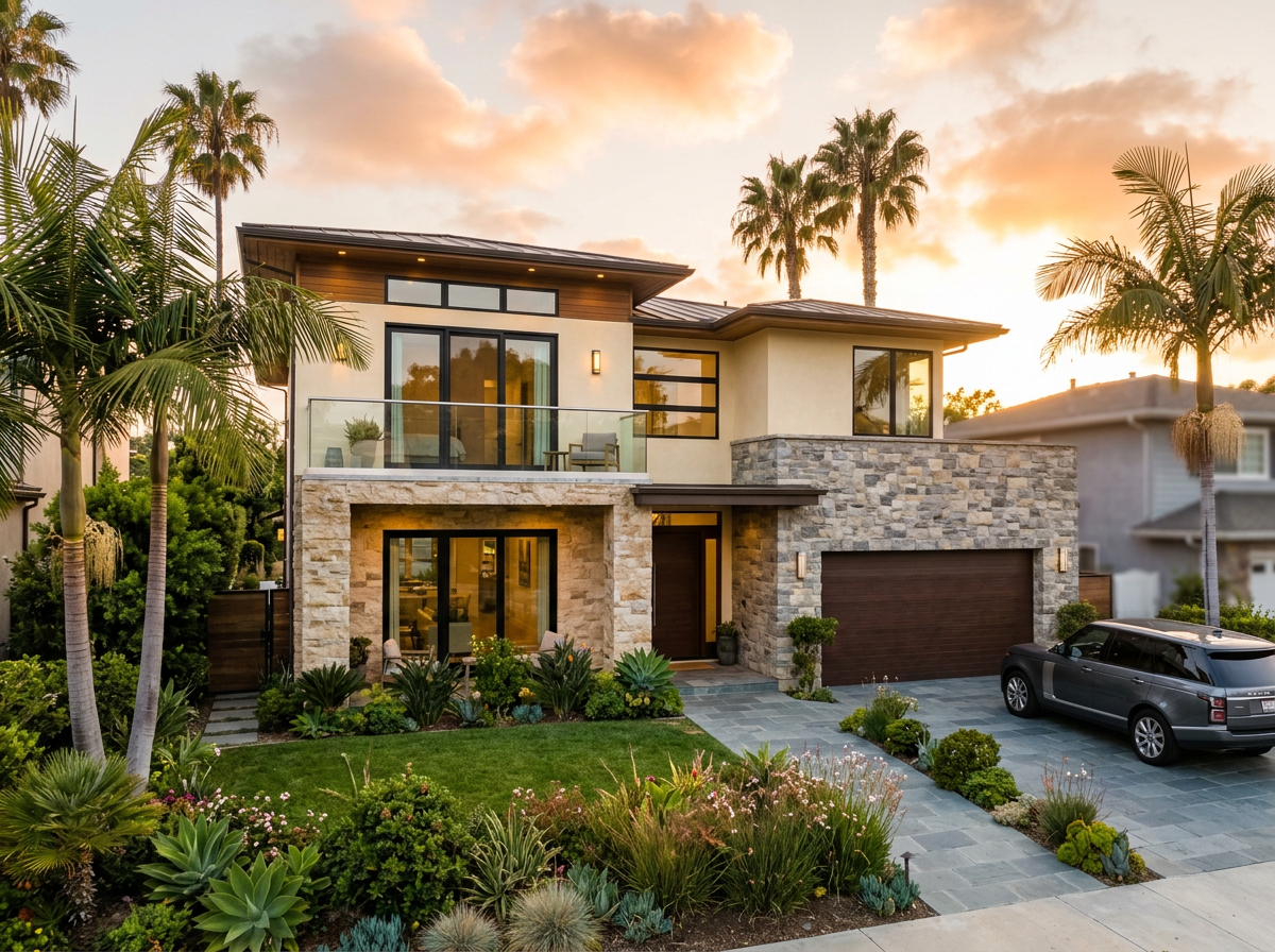 Fachada de la casa modelo Roma con piedra y balcón de cristal